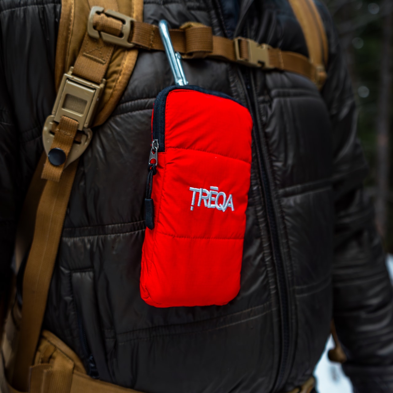TREQA - Arctic Thermal Phone Case - Red - Clipped to Backpack Strap