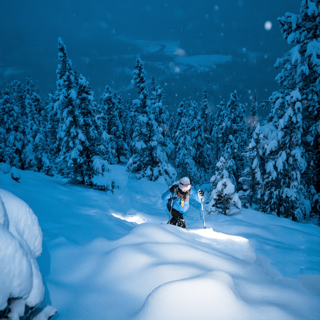 Womens Langtang Winter Jacket - Light Blue - Cross Country Skiiing at Night